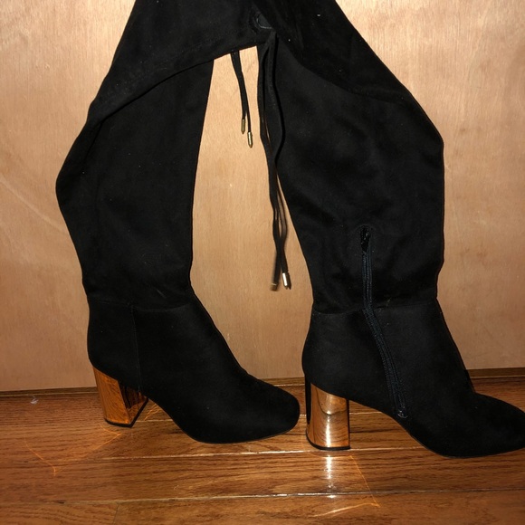 ASOS Black Suede Over the Knee Boots w/Gold Heel - Picture 2 of 4